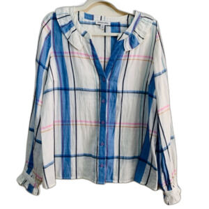 Emily and Fin Blue and Pink Plaid Button-Up ruffle Blouse size medium